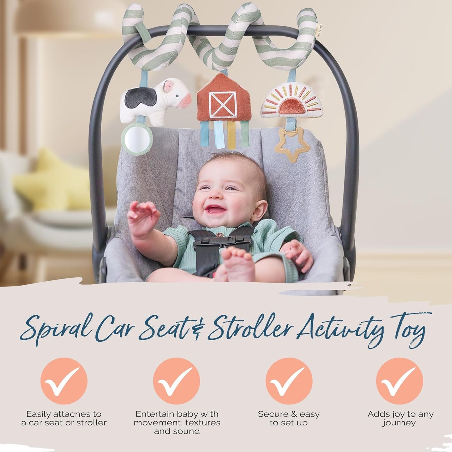 Spiral Car Seat & Stroller Activity Toy - Stroller & Car Seat Toys for Ages 0 Months and up - Hanging Toys Include Dangling Ring, Mirror and Textured Ribbons (Farm)