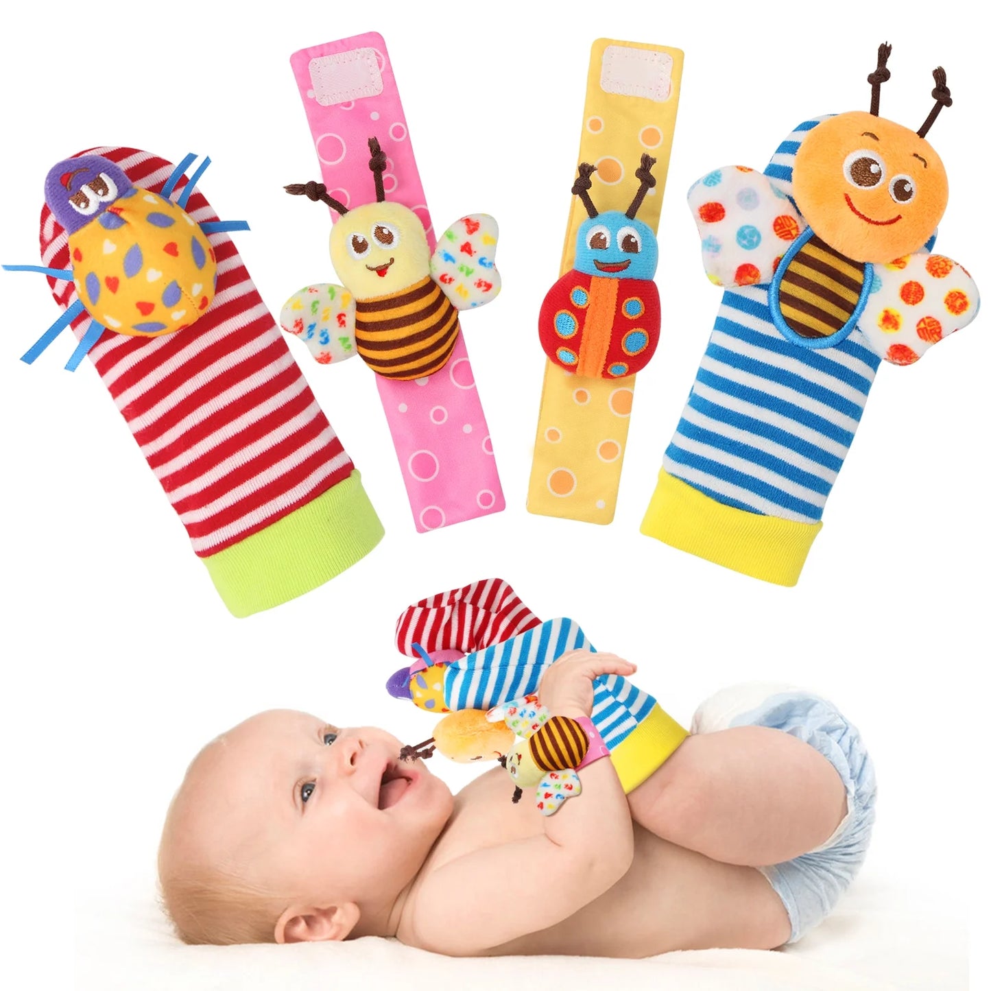 Wrist Rattles Foot Finder Rattle Sock Baby Toddlor Toy, Infant Rattle Toy, Arm Hand Bracelet Rattle, Feet Leg Ankle Socks(4 Pcs)