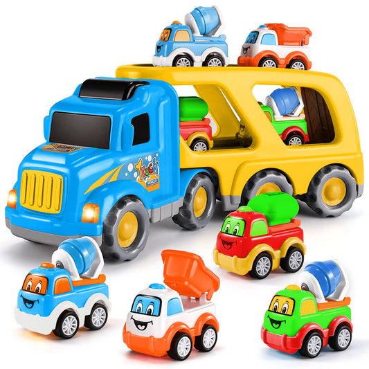 Construction Toy Trucks for 3 Year Old Boys, 5 in 1 Carrier Truck Toy Vehicle for 3 4 5 6 Year Old Boy Birthday Gift, Kids Toys, Friction Powered Cars for Toddlers, Age 3-7, Sound and Light